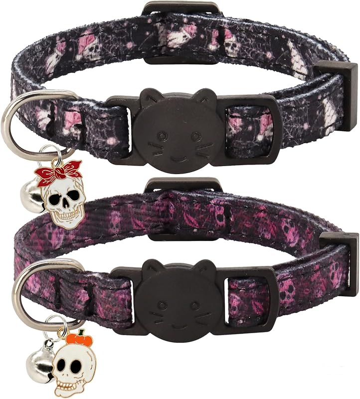 Coleira para Gatos de Algodão com Guizo e Fivela Breakaway, Estampa Halloween Skull, Giecooh, Pacote com 2