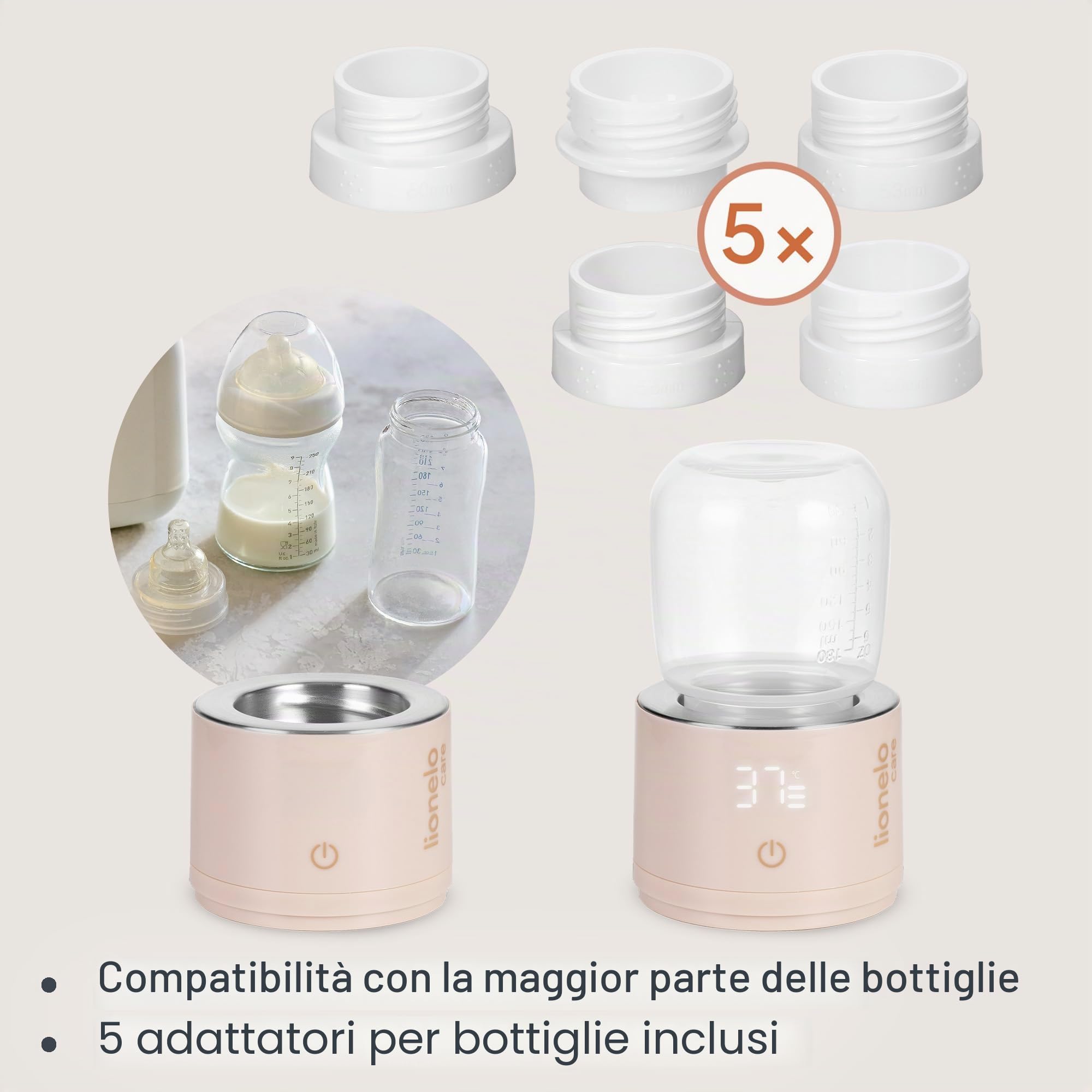 Lionelo THERMUP SWIFT Scaldabiberon Portatile per Neonato da Viaggio, BPA Free, Contenitore Latte 180 ml, 4 Temperature 37-50 °C, USB-C senza Fili, 5000 mAh, Riscaldamento 90 ml in 3 min, 5 Adattatori