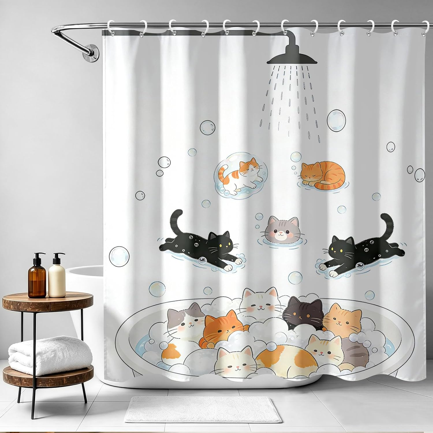 Aimego Funny Cats Bathing Shower Curtain Cute Kittens Bubble Bath Kawaii Cartoon Style Whimsical Animals Bathroom Bath Decor Bathtub Curtain Fabric Shower Curtain Set with 12 Hooks, 72"x72"