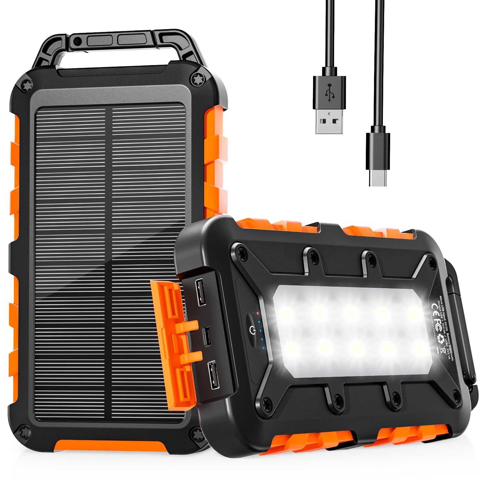 Power Bank Solare 26800mAh, PD15W Caricatore Solare Portatile USB C 3,0A Batteria Esterna 2 Uscite e 2 Ingresso con Luci LED Rapida per Smartphone, Tablet, Campeggio Ecc