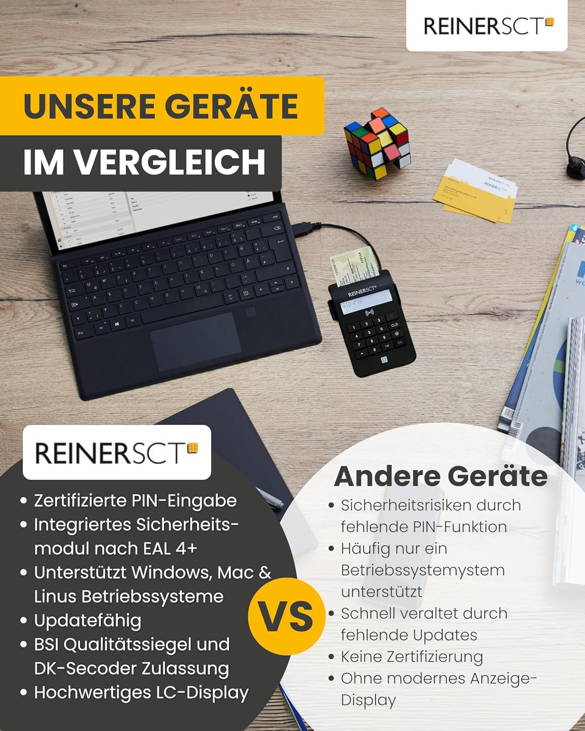 REINER SCT cyberJack RFID Komfort USB-C I Chipkartenleser für RFID-Chipkarten I Kartenlesegerät für den neuen Personalausweis & Online-Banking I Card Reader & TAN-Generator I eID Lesegerät