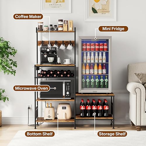 Miniatura 4 de Portin Soporte para mini nevera y cafetera de microondas, gran capacidad de almacenamiento, con toma de corriente y ganchos en S, estante para