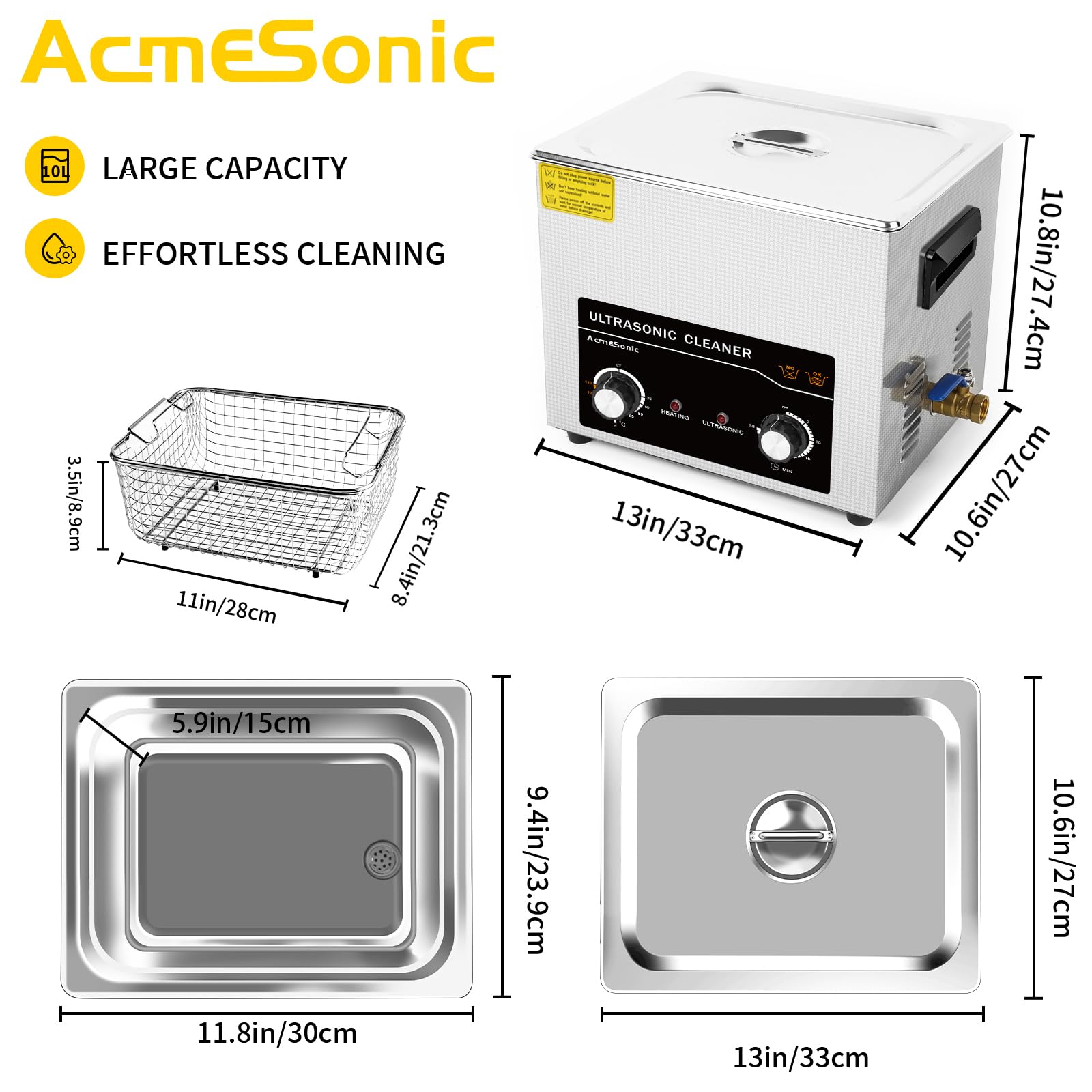 Kommerzieller Ultraschallreiniger mit Knopf, professioneller Ultraschallreiniger, 10 l, 40 kHz mit Heizung und Timer für Werkzeuge, Schmuck, Uhren, Brillen, Zahnersatz
