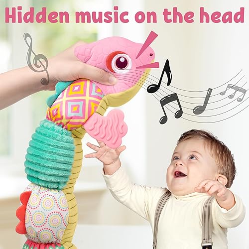 Miniatura 5 de LIGHTDESIRE Juguetes musicales para bebés, dinosaurios de peluche con arrugas y sonajeros, juguetes sensoriales suaves con texturas para el tiempo