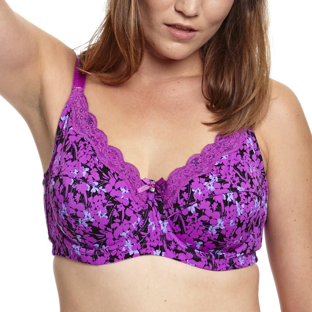 MIERSIDE Women's Floral Printing Plus Size Unlined Underwire Bra with Diamond (38DDD, Purple)