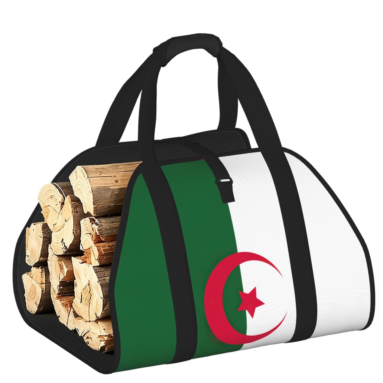 Flag of Algeria Printed Firewood Log Carrier, Large Tote Bag with Reinforced Handles for Camping Fireplace Home