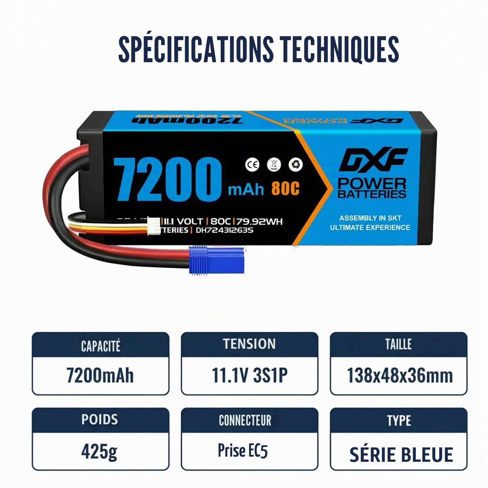 DXF Pack Duo Batterie LiPo 3S 11.1V 7200mAh 80C avec Prise EC5, Batteries Haute Performance pour Véhicules RC 1/8 1/10, Compatible Multi-Marques Voiture Avion Drone Hélicoptère, Protection Coque Dure