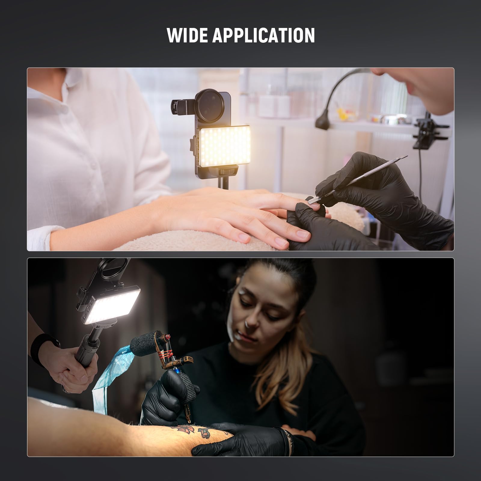 NEEWRE BASICS Luce Selfie LED & Tattoo Compatibile con iPhone, Luce a Clip con Filtro CPL/Treppiede/Portatelefono, Lampada di Riempimento per Fotografia Arte Cibo Gioielli, Registrazione Video,BL120B