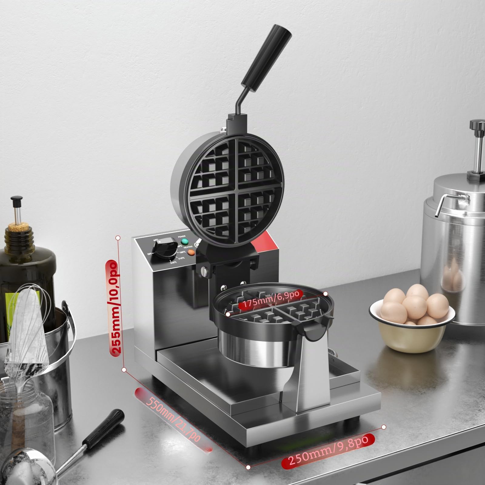 CROSSON Gaufrier Professionnel Rotatif,Gaufre Ronde en Acier Inoxydable Machine à Gaufres avec Revêtement Anti-Adhésif Contrôle de la Température et du Temps,220V/1300W