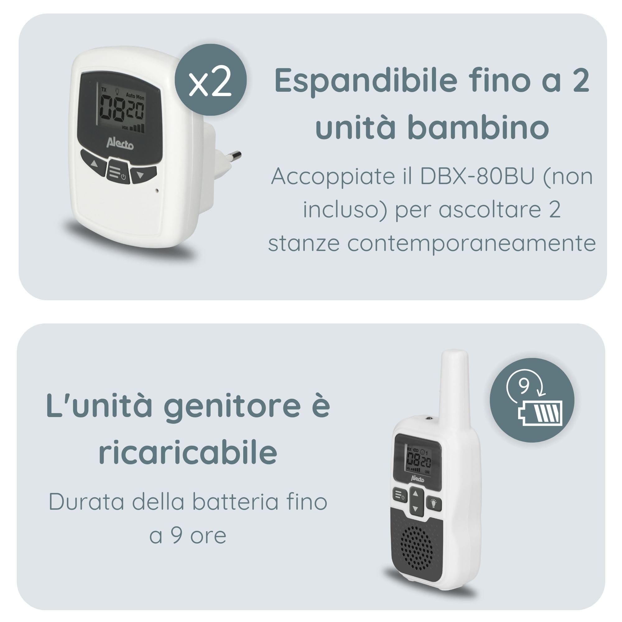 Alecto DBX80 monitor a lungo raggio 3000 metri standby 9 ore VOX bianco