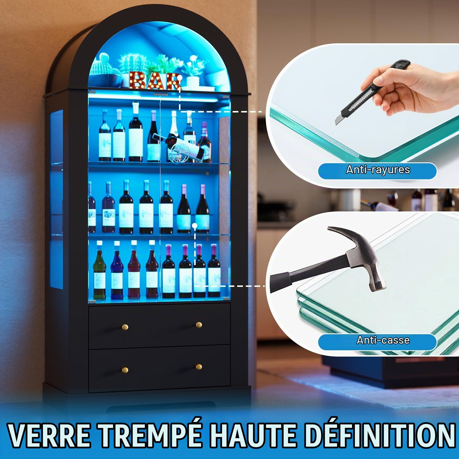 MSFE Vitrine en Verre avec LED,Armoire Vitrine Cintrée avec Éclairage Dynamique,2 Portes vitrées et 2 Tiroirs,Vitrine sur Pied pour Salon,Chambre,Figurines,Maquettes,Trophées,80x40x185cm