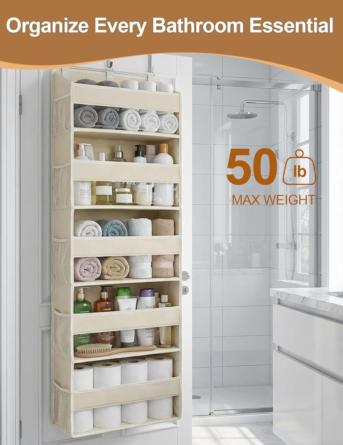 Over The Door Organizer 5-Shelf Closet Hanging Storage with 10 Mesh Pockets, 50 lbs Weight Capacity Door Organizer Hanging for Bathroom, Bedroom, Baby Nursery and Pantry, Ivory
