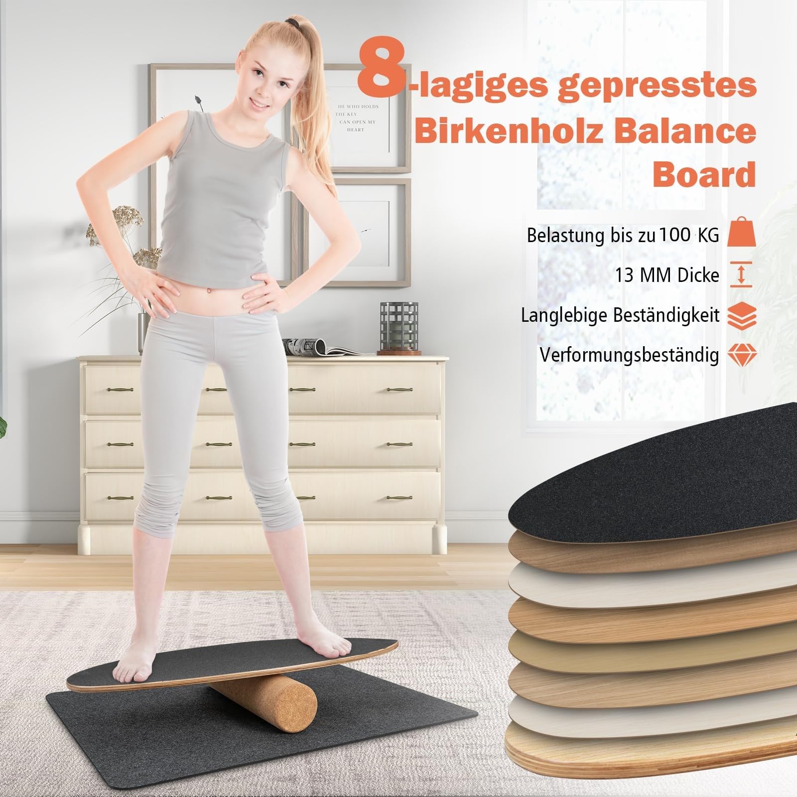 GYMAX Balance Board aus Holz, 15 mm BalanceBoard mit 10mm Korkrolle & rutschfeste Matte aus Filz, Indoor Surfboard, Wackelbrett, Gleichgewichtsboard für Kinder & Erwachsene