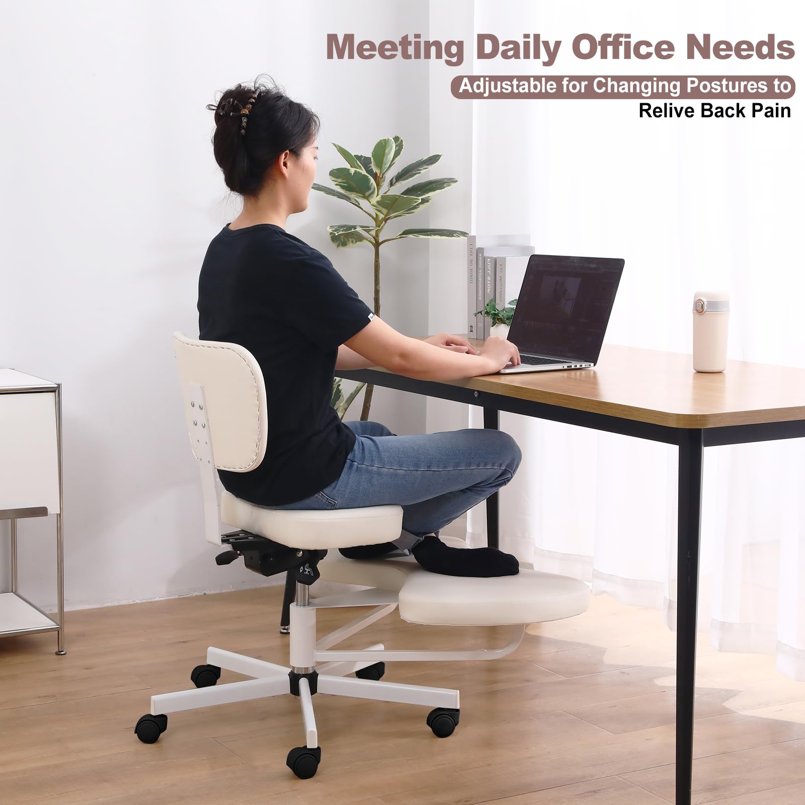 Ergonomischer Meditationsstuhl, ADHS-Stuhl mit Lendenwirbelstütze und Rädern, höhenverstellbar, Bürostuhl mit gekreuzten Beinen und Beinauflage, Criss Cross Chair (weiß)