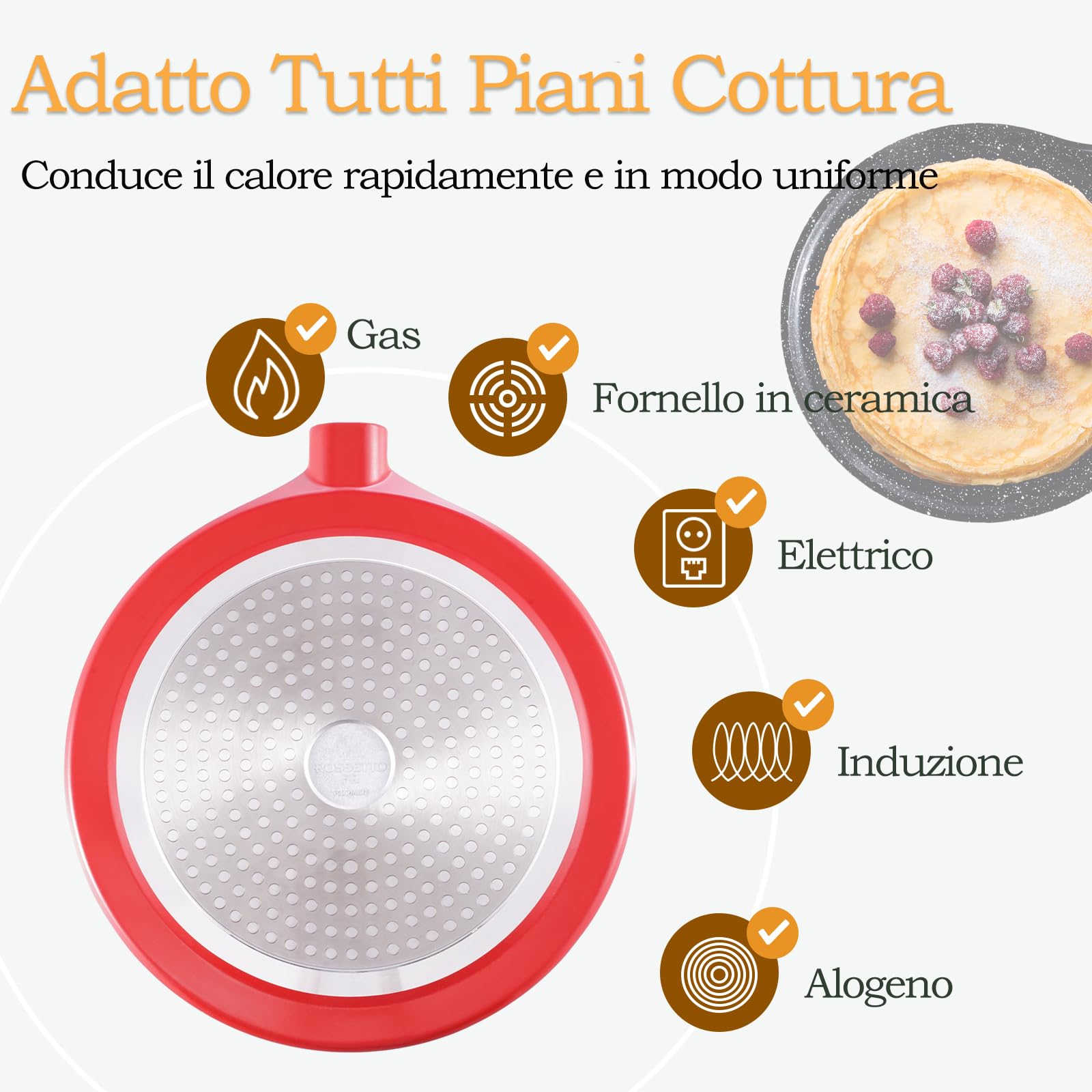 Padella per Crepes 24 cm a Induzione con Spargipasta in Legno Senza PFOA | Crepiera Induzione Antiaderente, Pentola per Crepes, Rivestimento Ceramico Germania, Compatibile con Tutti i Piani Cottura