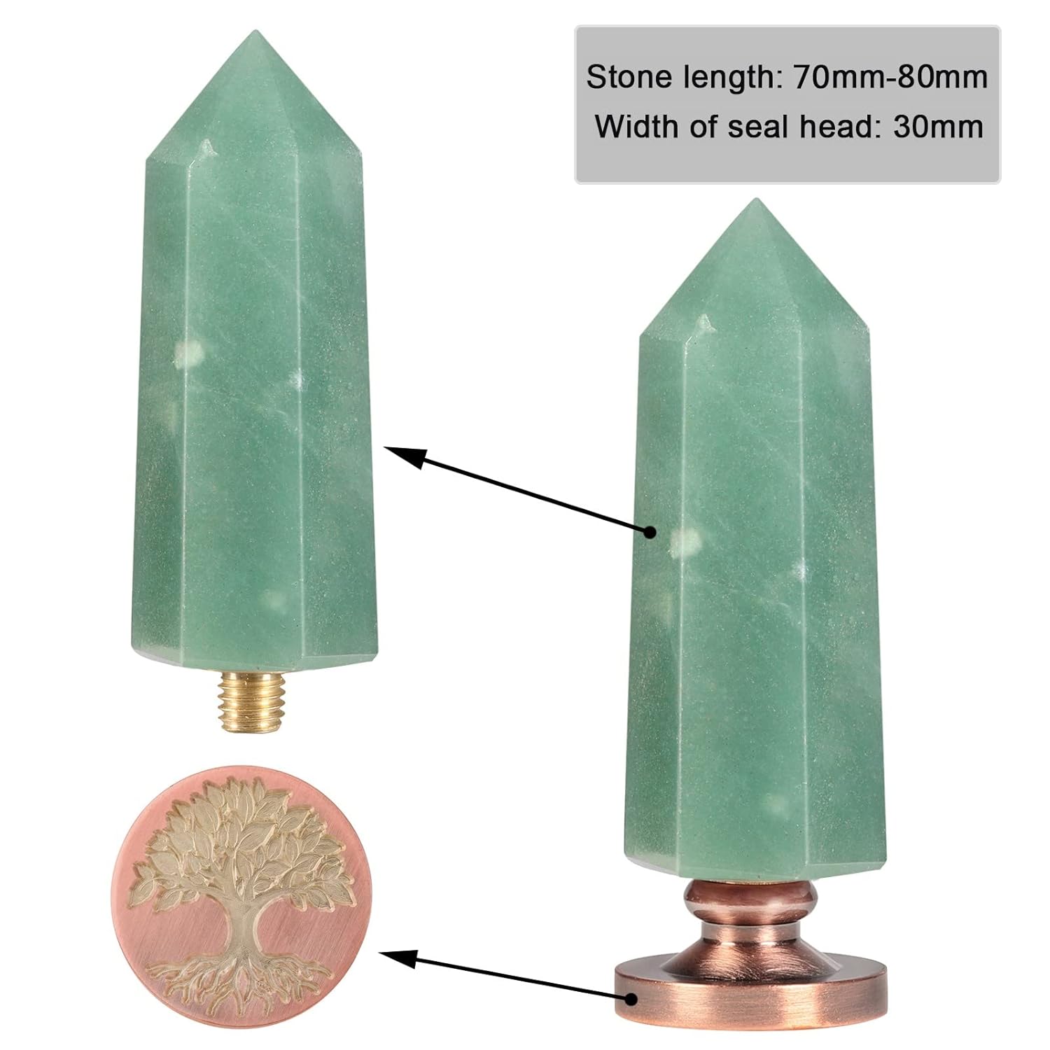 SUNYIK Wax Seal Stamp Set, 6 Faceted Crystal Point Stone Handle with 4 Wax Seal Stamps Head for Envelope Wedding Invitations, Green Aventurine Handle & 3* Tree of Life Series & 1* Rose Pattern