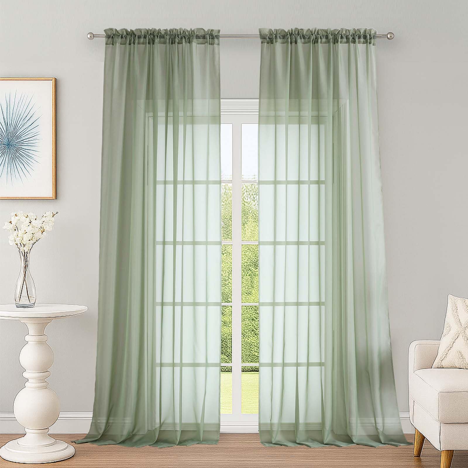 Sage Green Sheer Curtains, Sheer Curtains 96 inches Long 2 Panels Set, Rod Pocket Voile Fimly Sheer Drapes for Living Room/Bedroom, 2pcs, Each 59" W x 96" L