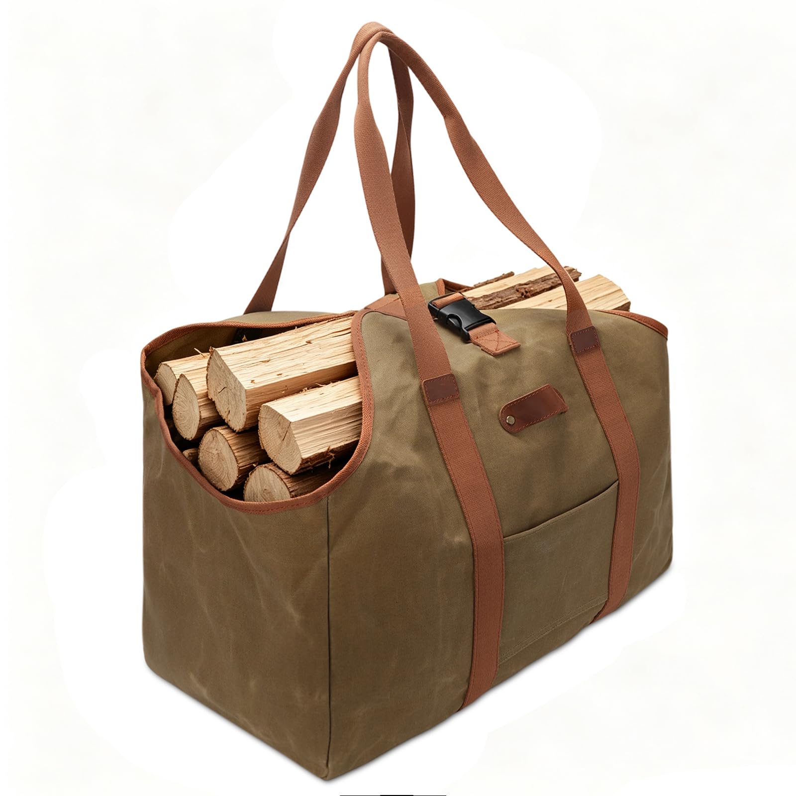 Borsa per legna da ardere in tela cerata resistente, con passante per ascia | Grande capacità, cinturino con fibbia a sgancio rapido, doppie maniglie per il trasporto, tasca frontale per attrezzi