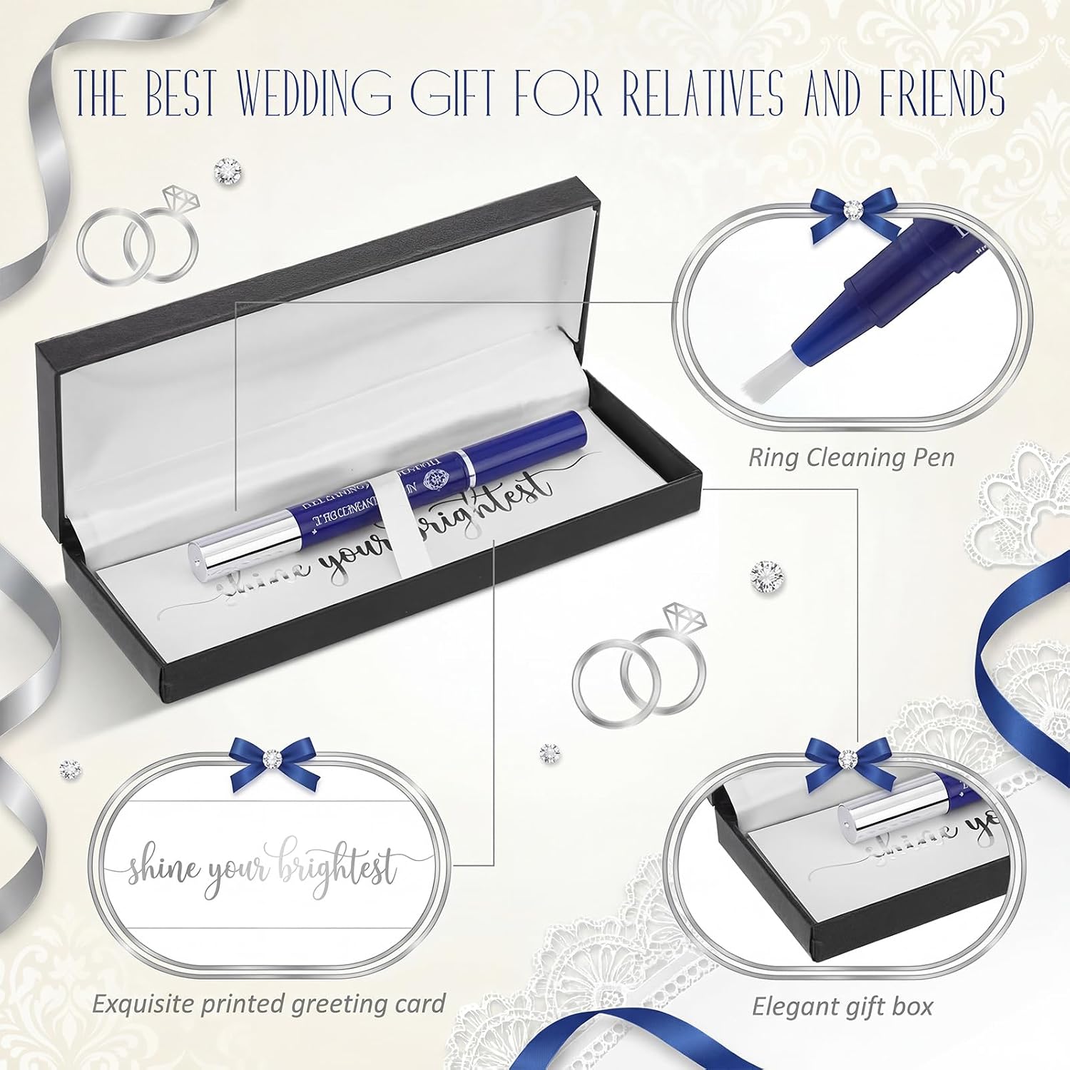 3 Pcs Ring Cleaner Pen Set for Wedding Engagement Ring Cleaner Gift with Greeting Card and Box Bridal Shower Portable Diamond Cleaners Gift for Newlyweds Engaged Couples Necklace Jewelry Cleaning