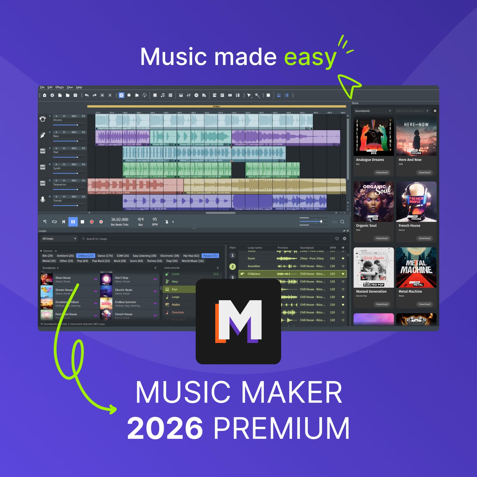 MUSIC MAKER 2026 Premium – Crear música es fácil | Software de audio | Programa de música | Para Windows 10/11 | 1 licencia de descarga para PC