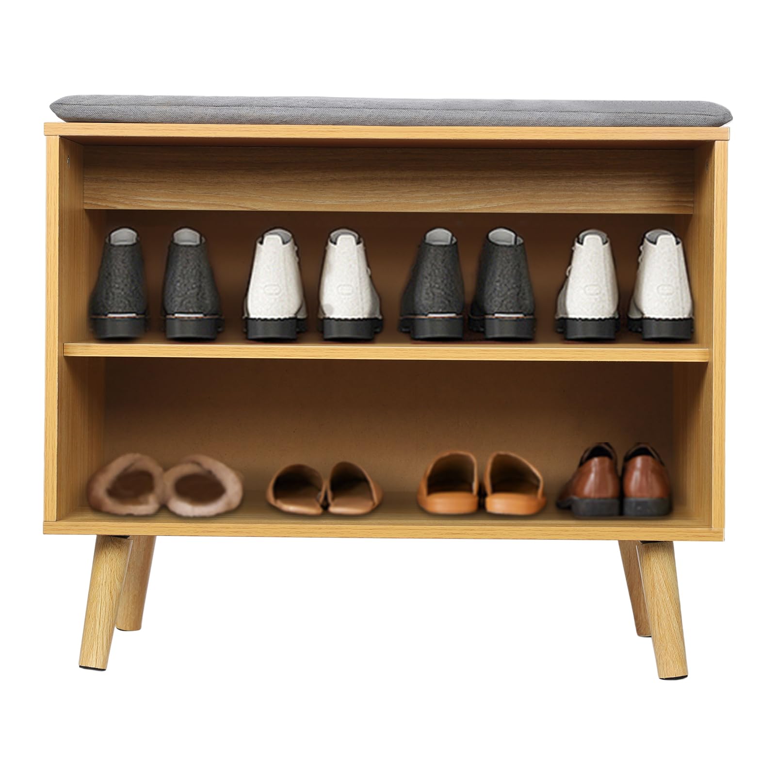 fvscgjmwp 60cm Rubber Wood Shoe Bench with Cushion, 2-Tier Shoe Storage Stool, Perfect for Home