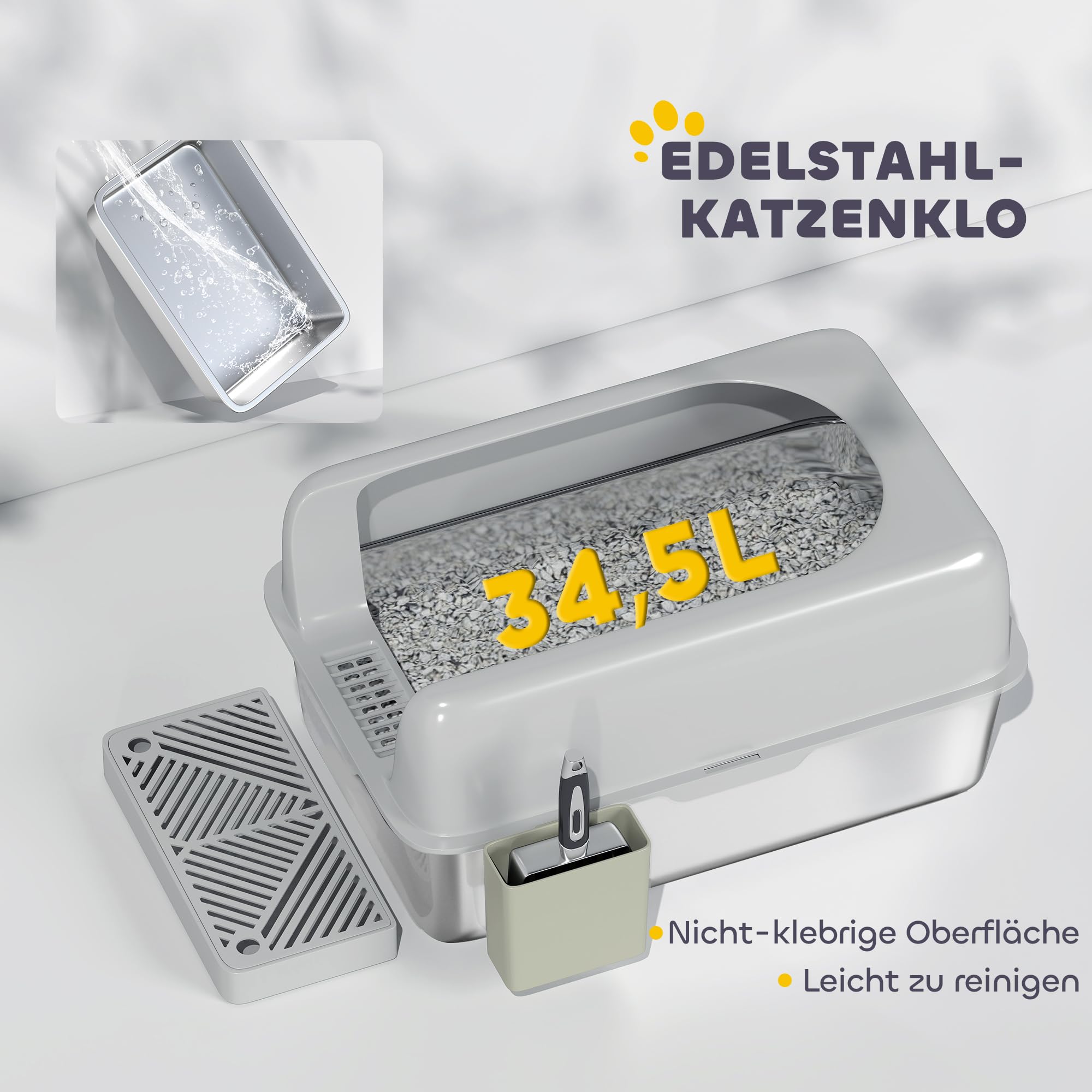 PawHut Katzentoilette Katzenklo Offene XXL Matte 60 x 40 x 30 cm Hellgrau | Mit Schaufel, Hohem Rand, Aufbewahrungsbox, Cat Litter Box ohne Deckel, Für Mittelgroße Katzen, Edelstahl