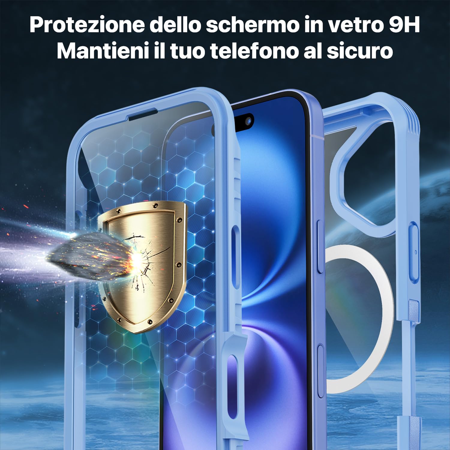 CENHUFO Magnetica Cover iPhone 16, [Compatibile con Magsafe] Integrata [9H HD] Vetro Temperato Schermo e Protezione Fotocamera, Custodia Antiurto 360 Gradi Fronte Retro Doppia Faccia Case - Blu