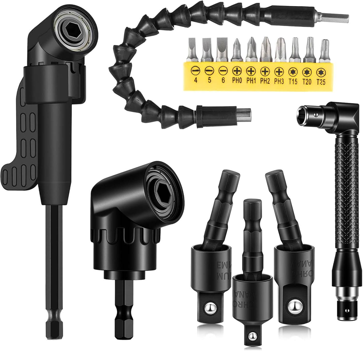 17Pcs Flexible Drill Bit Extension Set, Include Bendable 360° Shaft, 105° Right Angle Drill Attachment Long & Short, 3 Rotatable Socket Adapter, L-Shaped Wrench & 10 Screwdriver Bits for Tight Spaces