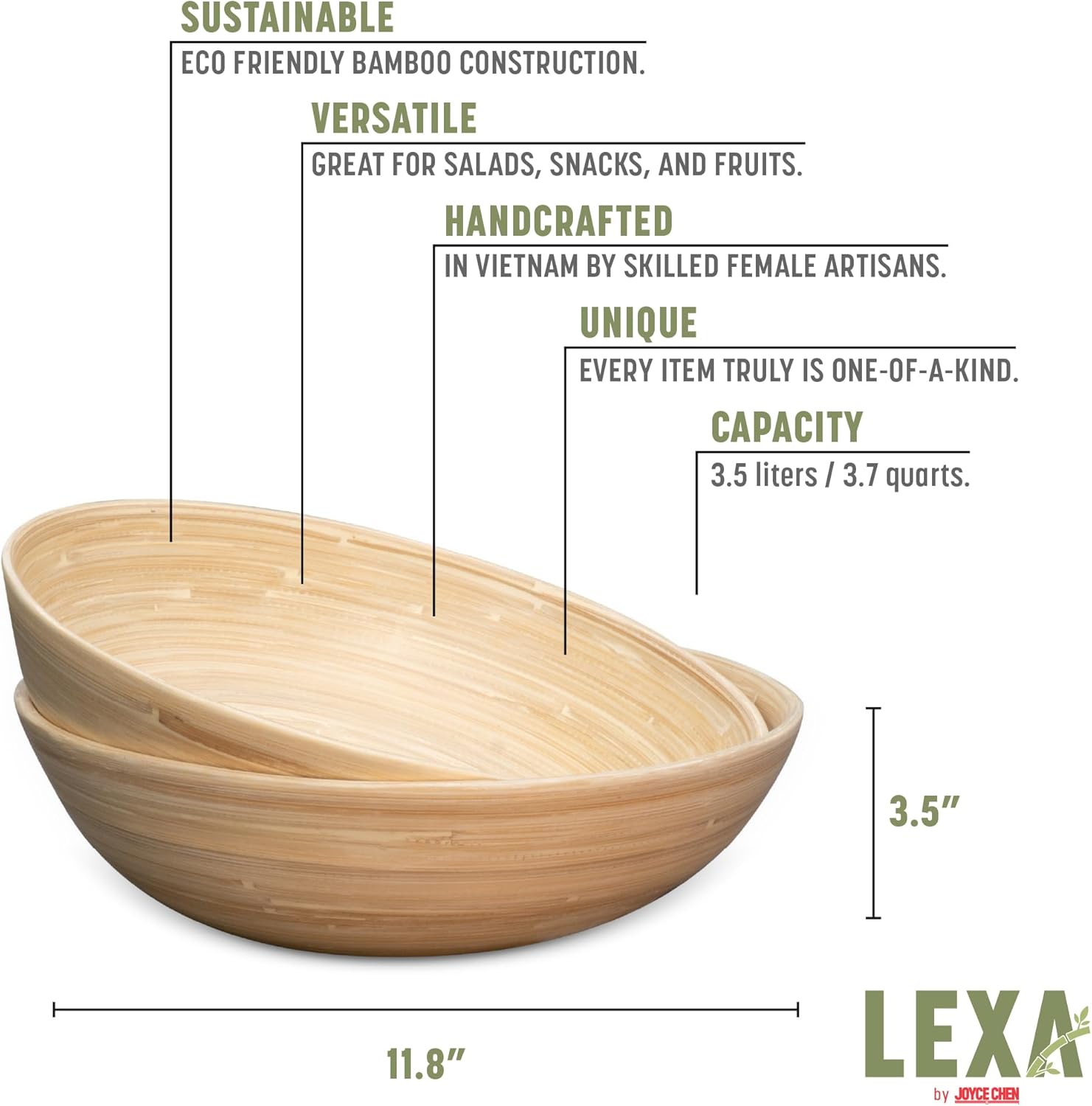 LEXA 12" Handmade Bamboo Salad Bowl – 130 oz Large Wooden Fruit Bowl for Kitchen Counter, Natural Bamboo, Pack of 2