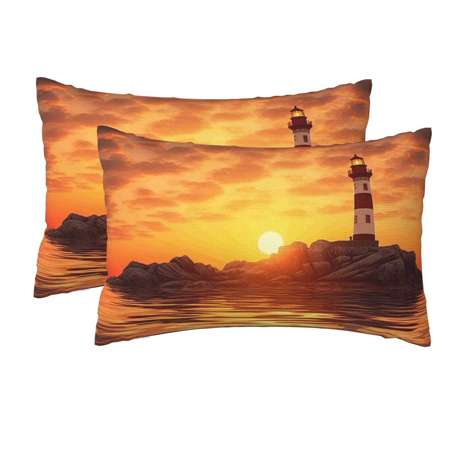 2 Pack Queen Size Pillow Cases for Hair and Skin Soft Breathable Pillow Case Covers with Hidden Zipper Sea Lighthouse in Sunset Pillowcase 20x30 Inches Pillow Cover for Sleeping Gift