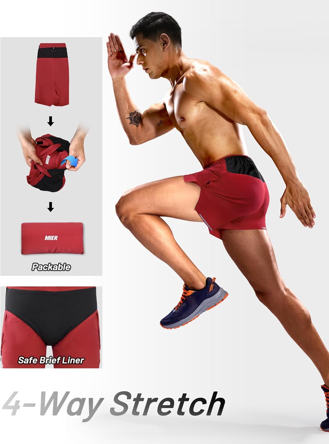 MIER Limitless - Men's 3.5'' Running Shorts, Quick Dry Brief-Lined Marathon Racing Shorts with Pockets, Packable