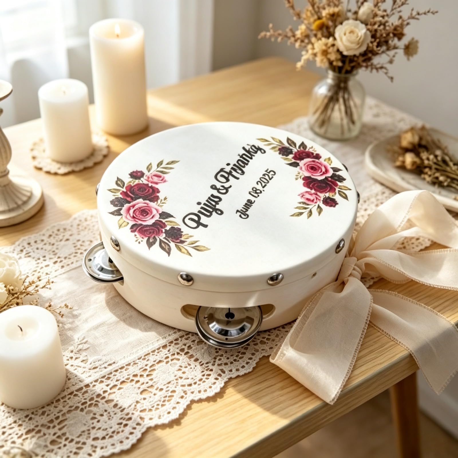 Panderetas personalizadas, mini panderetas de madera de 6 pulgadas a granel para adultos con cinta de 100 cm, panderetas de piel de oveja con nombre personalizado y fecha para iglesia, boda, fiesta