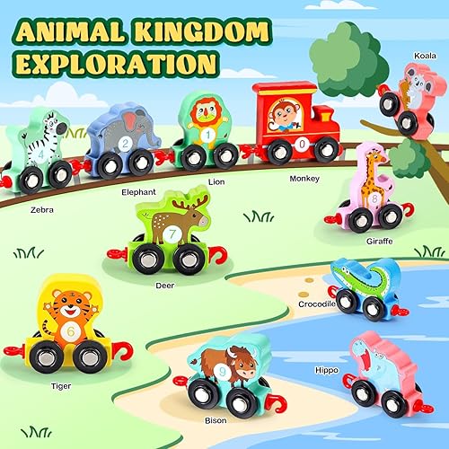 Miniatura 4 de EDUJOY Juguetes para niños de 2 a 3 años, juego de tren de animales de madera, juguetes Montessori para niños de 2 a 3 años, regalos de cumpleaños,