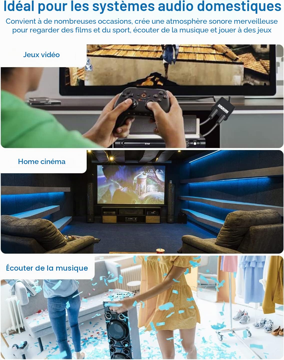 Répartiteur Fibre Optique Répartiteur Câble Optique Audio 1 Entre 2 Sorti Adaptateur Audio Numérique Toslink pour Barre, TV - Noir