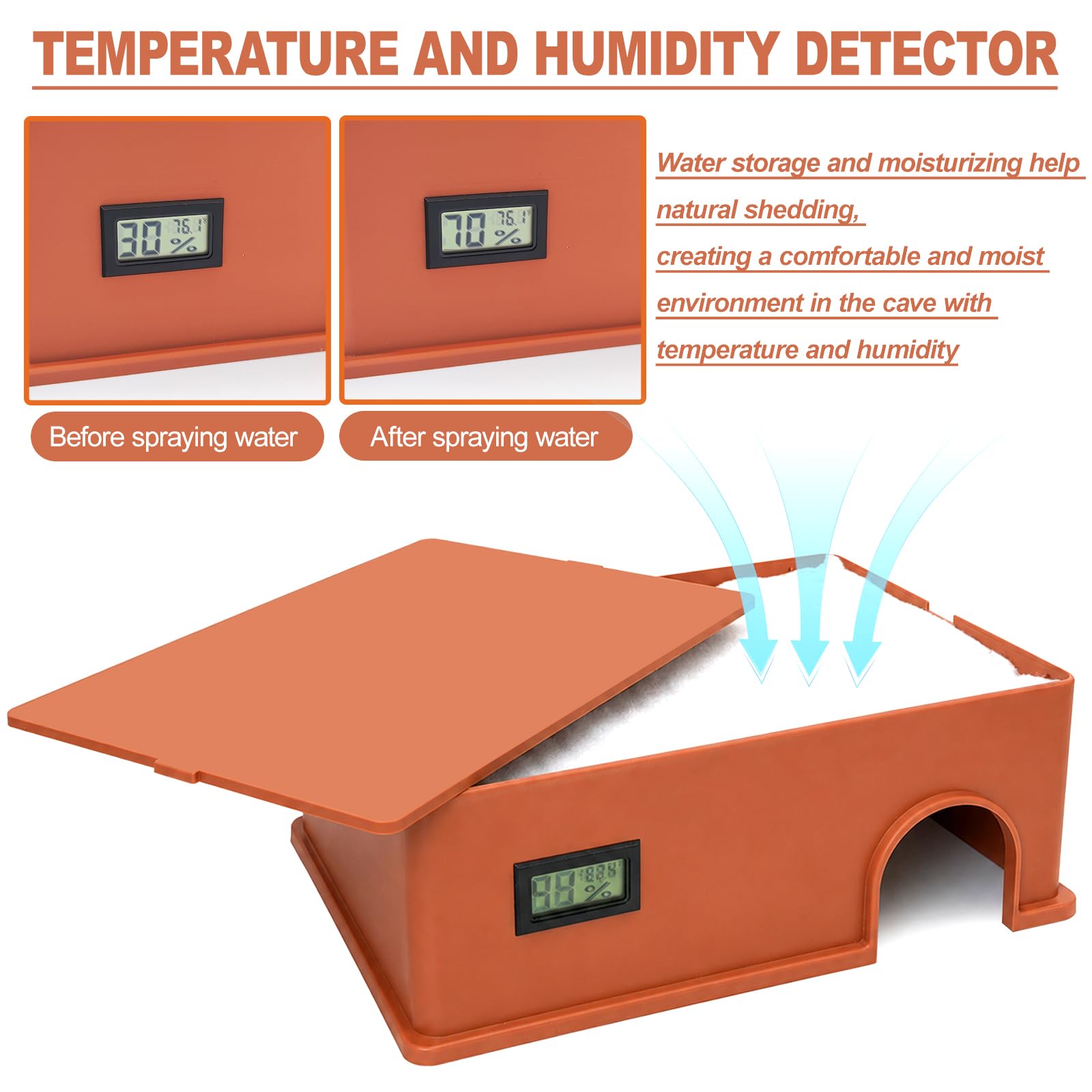 Piel de serpiente para reptiles, con una ranura de humidificación equipada con un sensor de temperatura y humedad, escondite húmedo para serpientes, pitones juveniles, lagartos, gecos leopardo y otros