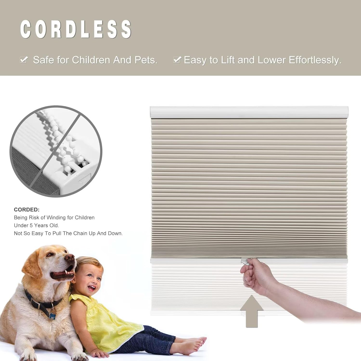 Changshade Cellular Shades Door Window Blinds Cordless Blackout, Honeycomb Blind Accordion Shade Room Darkening Indoor Pleated 1.5" Cell Easy to Install, Shade Size 87" Width×64" Height, Beige