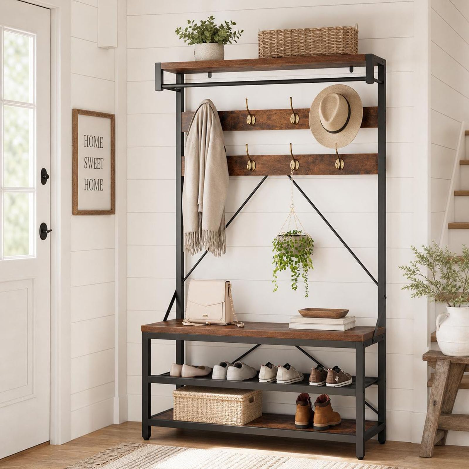 IDEALHOUSE Industrial Hall Tree with Bench and Shoe Storage, 3-in-1 Entryway Mudroom Organizer with 8 Coat Hooks, Heavy Duty Standing Clothes Rack for Hallway, Rustic Brown