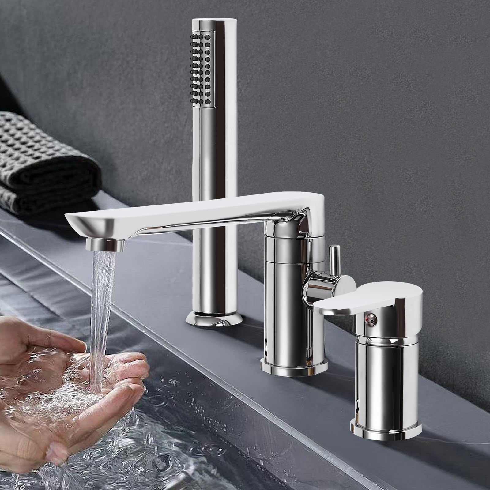 Rubinetto per vasca da bagno a 3 fori con maniglia singola, rubinetteria da bordo vasca con doccetta estraibile e ugello di uscita dell'acqua girevole a 360°, set di rubinetteria per bordo vasca da