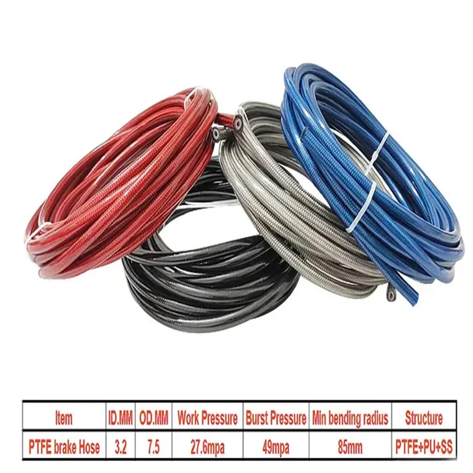 rura hamulcowa Przewód Hamulcowy Motocyklowy AN3 5m/partia, Pleciony, Ze Stali Nierdzewnej, PTFE, Wąż Hydrauliki Płynowej, PTFE(PTFE Blue)
