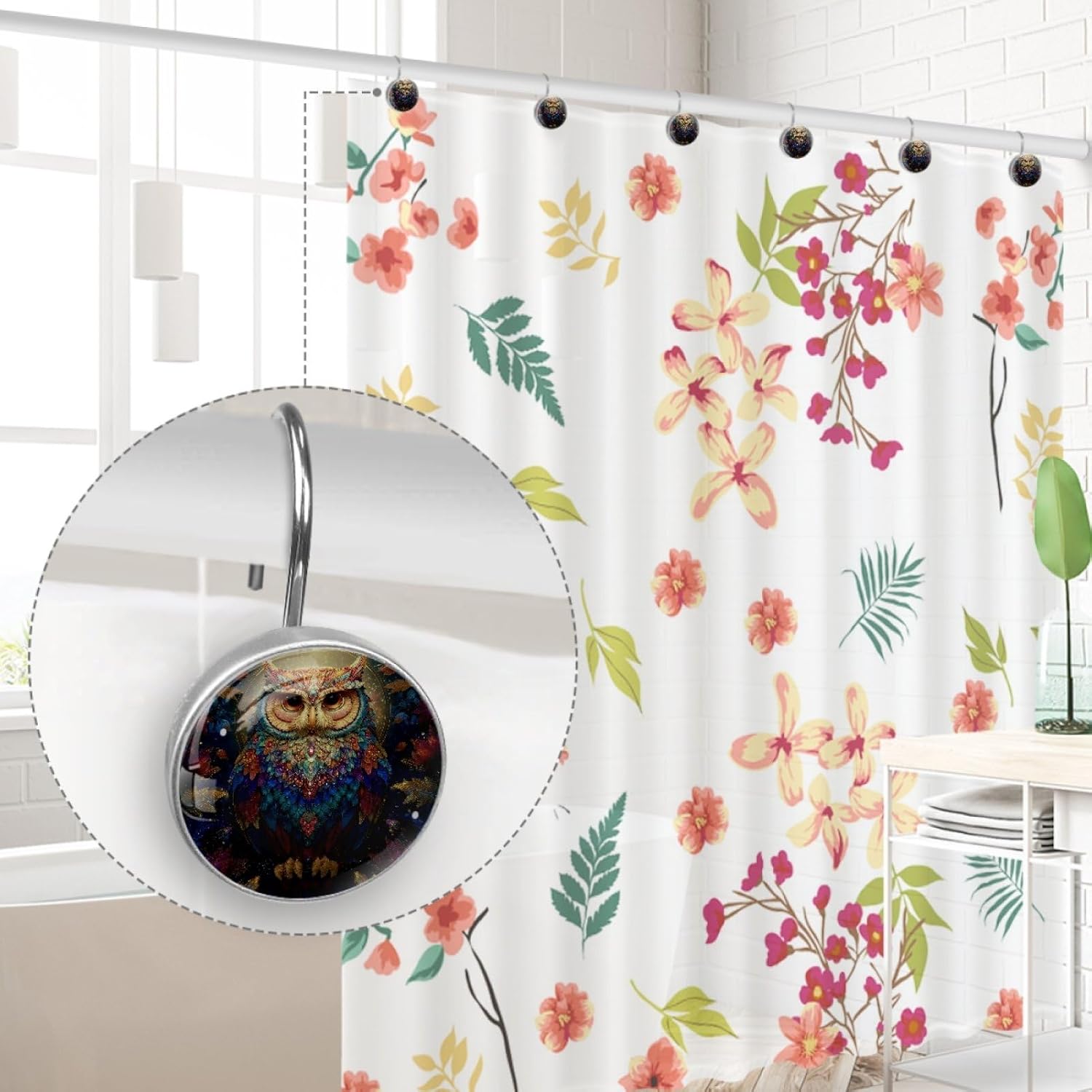 12 Packs Colorful Owl and Leaves Shower Curtain Hooks, Stainless Steel Glass Shower Curtain Rings for Bathroom Decor, Metal Rustproof Curtain Rod Hooks
