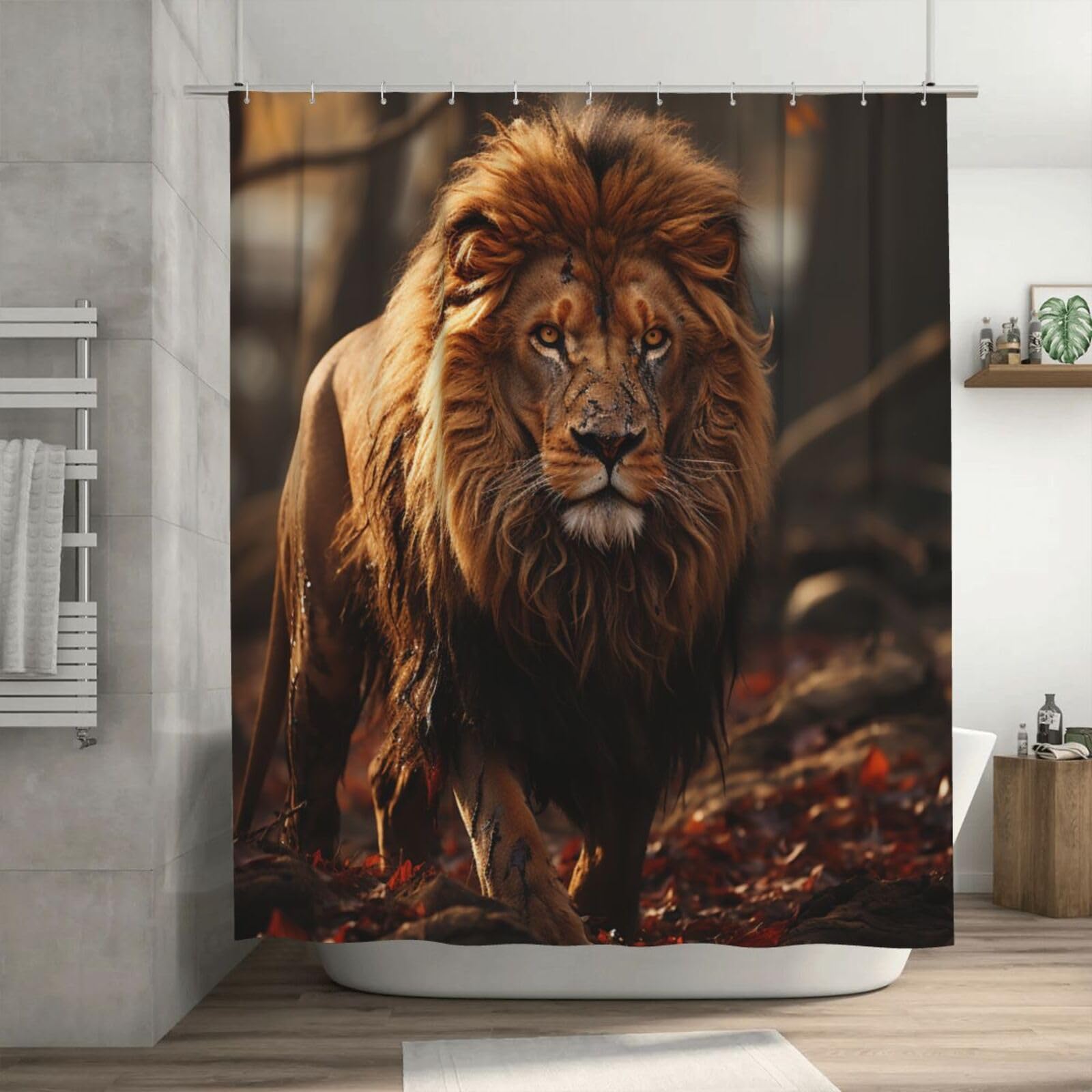 Rideau de douche imperméable lion 182x182 cm avec 12 crochets pour salle de bain