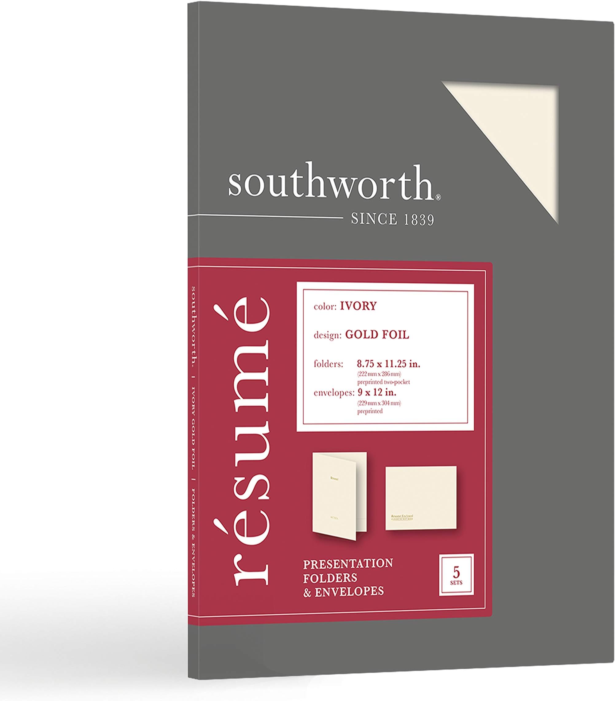 Southworthยฎ Rรฉsumรฉ Folders & Envelopes, 9" x 12", 88-Lb, Ivory, Pack Of 5