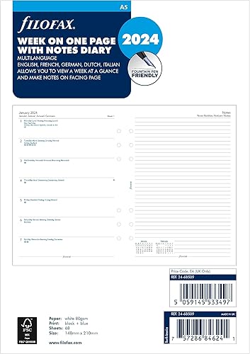 Filofax Calendario de recambio de diario, tamaño A5, semana en una página con notas, libro blanco, multilingüe cinco idiomas, 2024 (C68509-24)