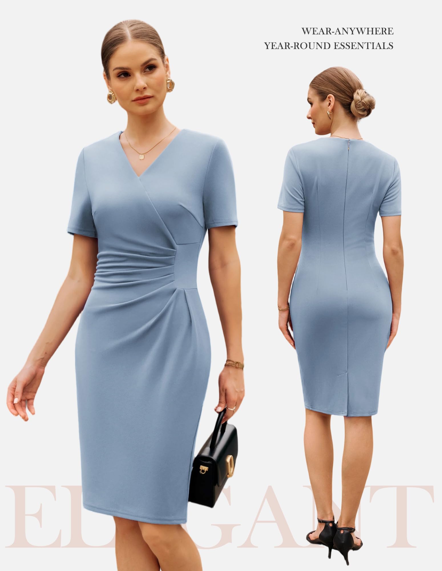 GRACE KARIN Abito da cocktail da donna a maniche corte con scollo a V, drappeggiato e spacco posteriore, abbigliamento da ufficio