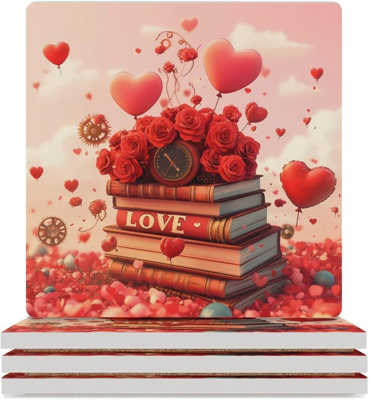Valentines Love Books Roses Ballons Funny Ceramic Coasters for Drinks Absorbent Cup Holder Tabletop Protector with Cork Base
