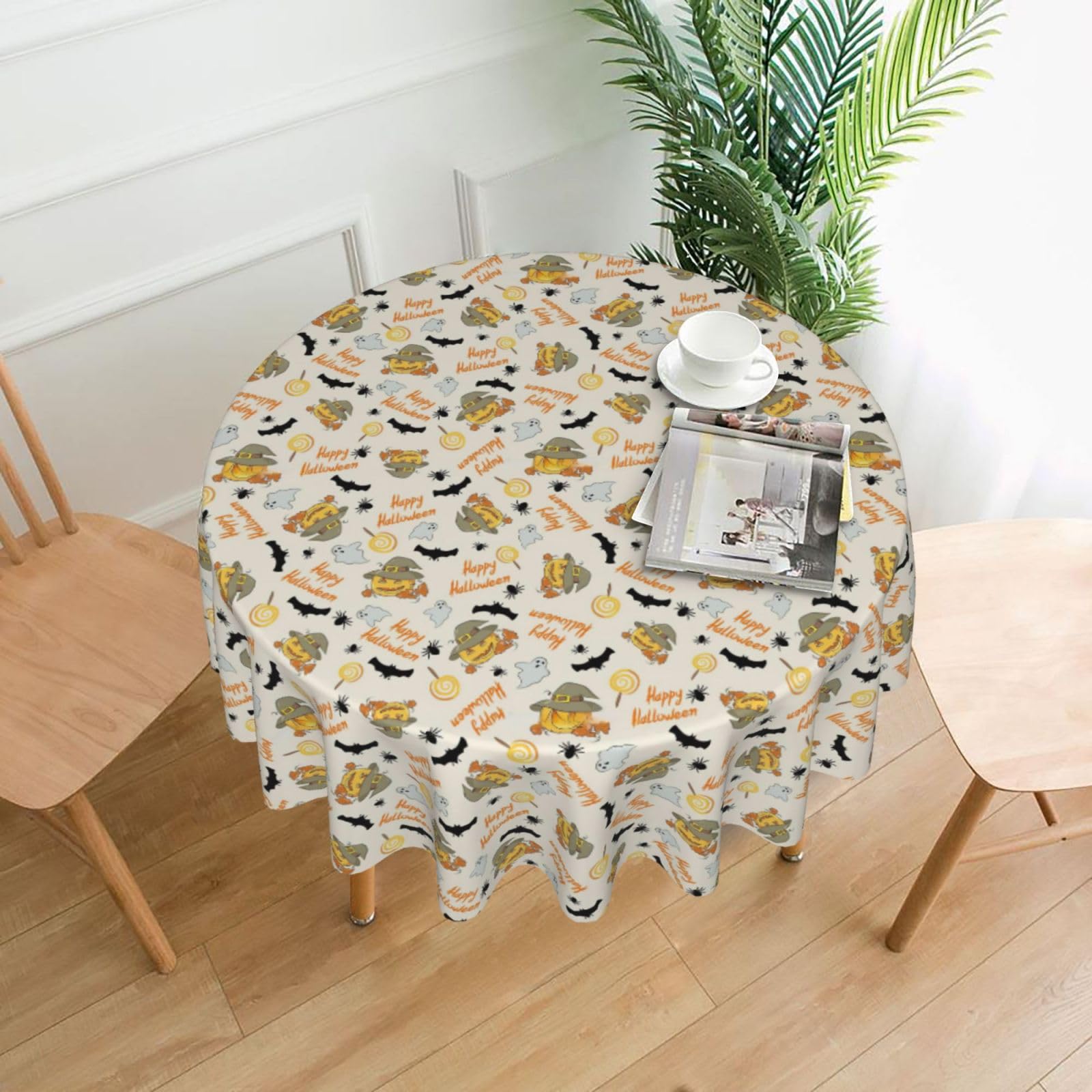 Nbtghga Halloween Pumpkin And Owl Print Tablecloth Round Border Table Cloth Cover Decorative For Party Holiday Dinning Tabletop Home