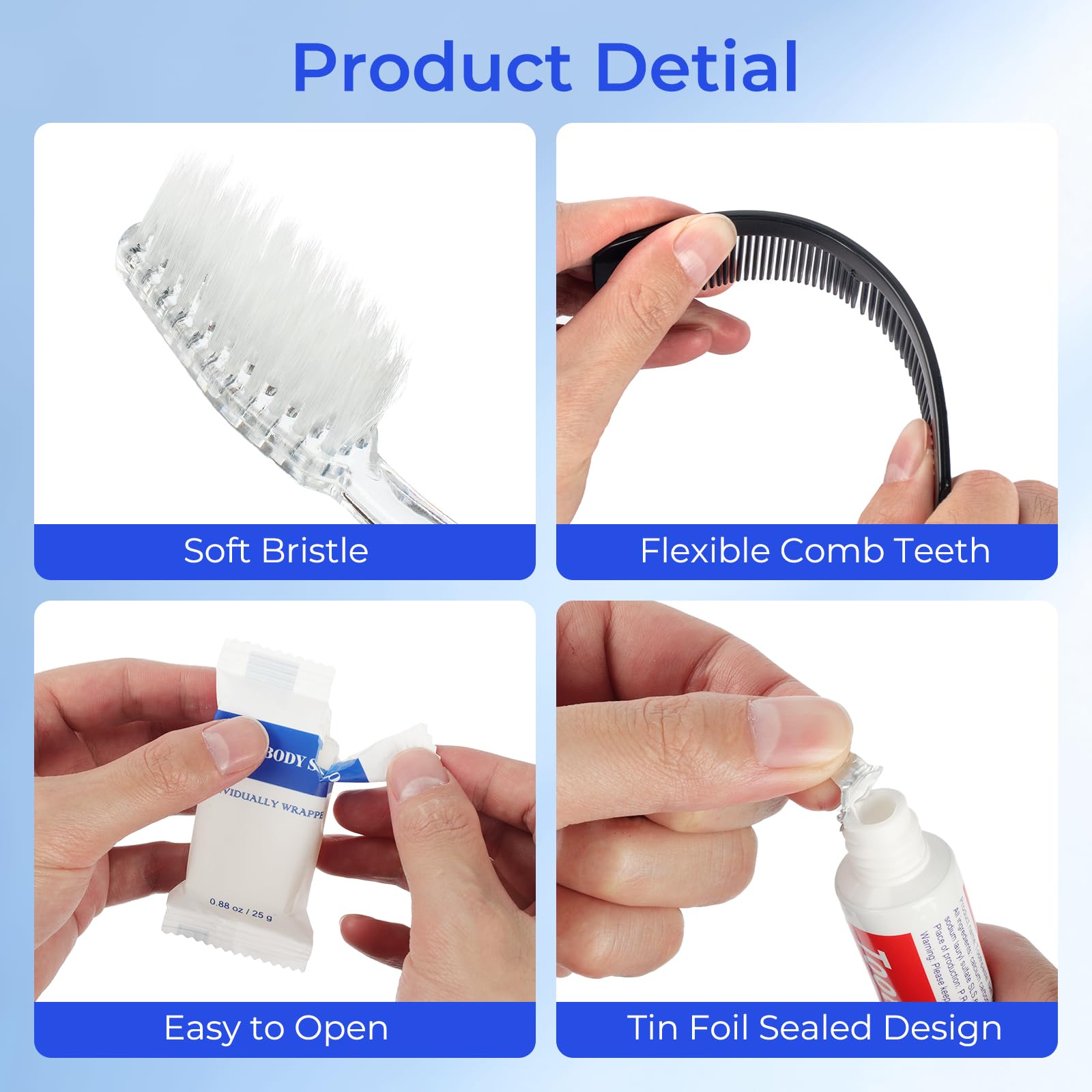 Artículos de aseo desechables, kits de artículos de tocador de tamaño de viaje, suministros de higiene personal para personas sin hogar, artículos esenciales de cuidado envueltos individualmente para