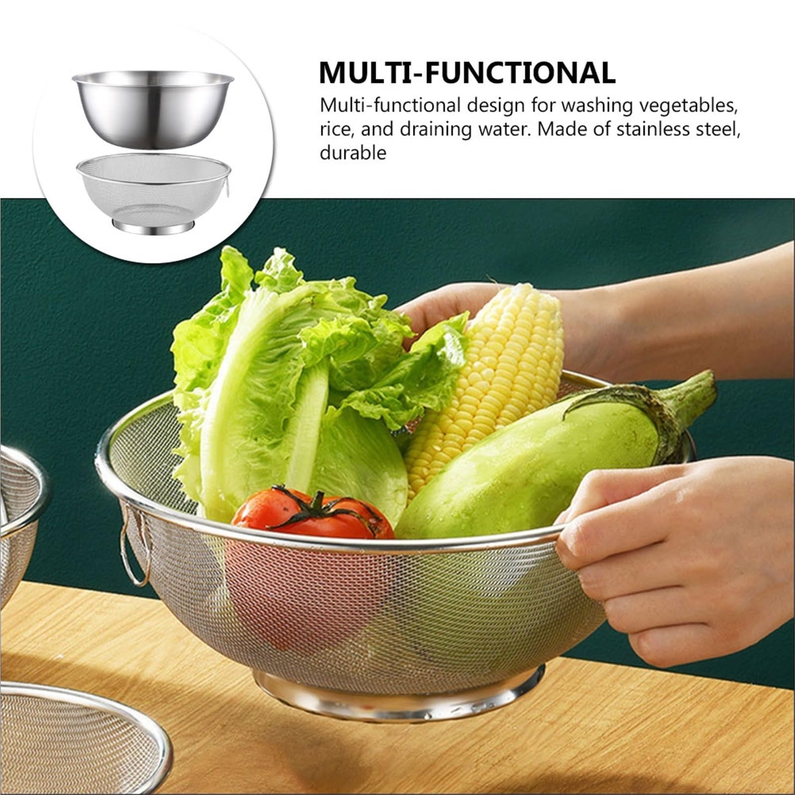 Colador De Arroz De Acero Inoxidable Juego de colador acero inoxidable con cuenco, lavabo for lavar arroz, escurridor verduras, malla fina, for mezclar, 1(Golden)