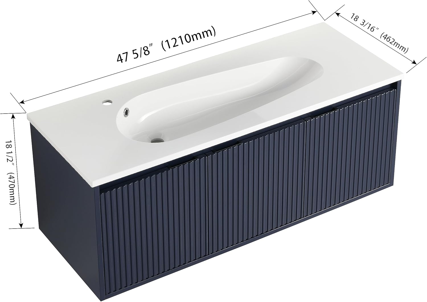Malwee 48 Inch Floating Bathroom Vanity with Sink, 48'' Single Sink Wall Mounted Bathroom Vanity Como, with 3 Soft Close Doors and White Waterdrop Gel Coat Basin Top, Navy Blue (05848)