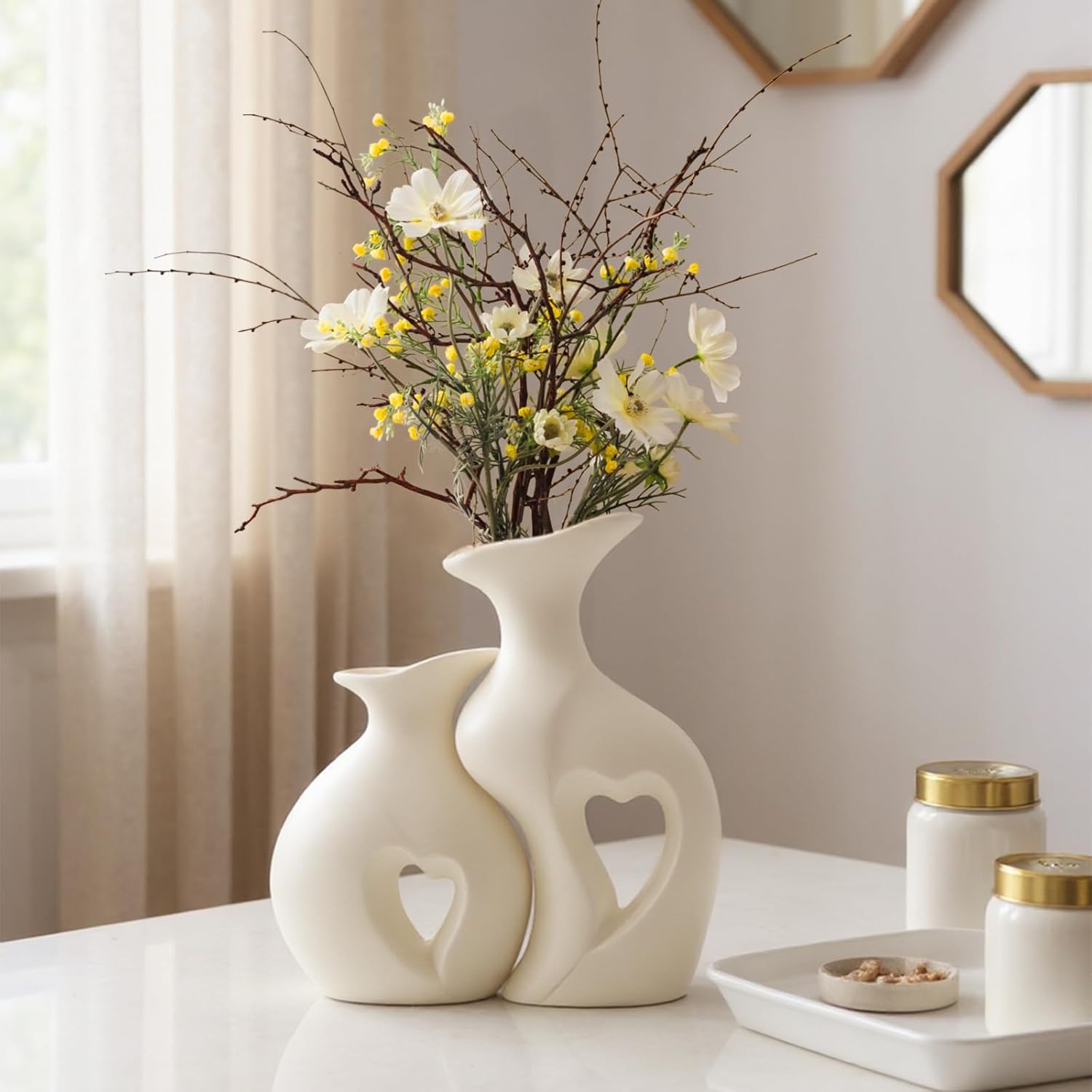 White Ceramic Vase Hollowed Heart Flower Vase Set for Modern Nordic Boho Home Decor, Aesthetic Vase for Table Centerpiece, Wedding, Living Room, Bookshelf, Office, Entryway, Console, Fireplace(Matte)